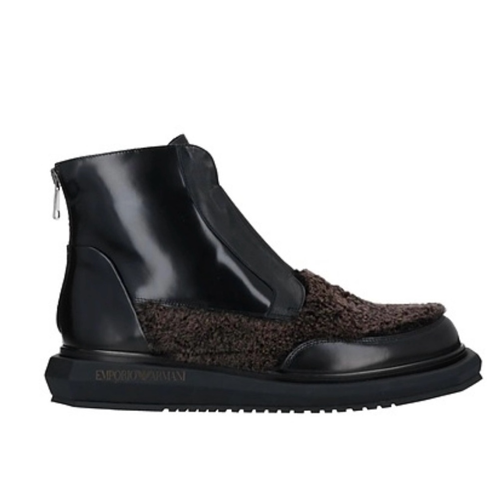 Emporio Armani Men’s Black Leather & Brown Shearling Zip Ankle Boot Size 9